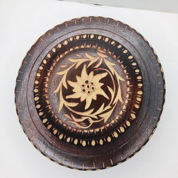 Home Décor Wooden Carved Bowl With Lid Floral Pattern Brown Finish - Picture 4 of 13